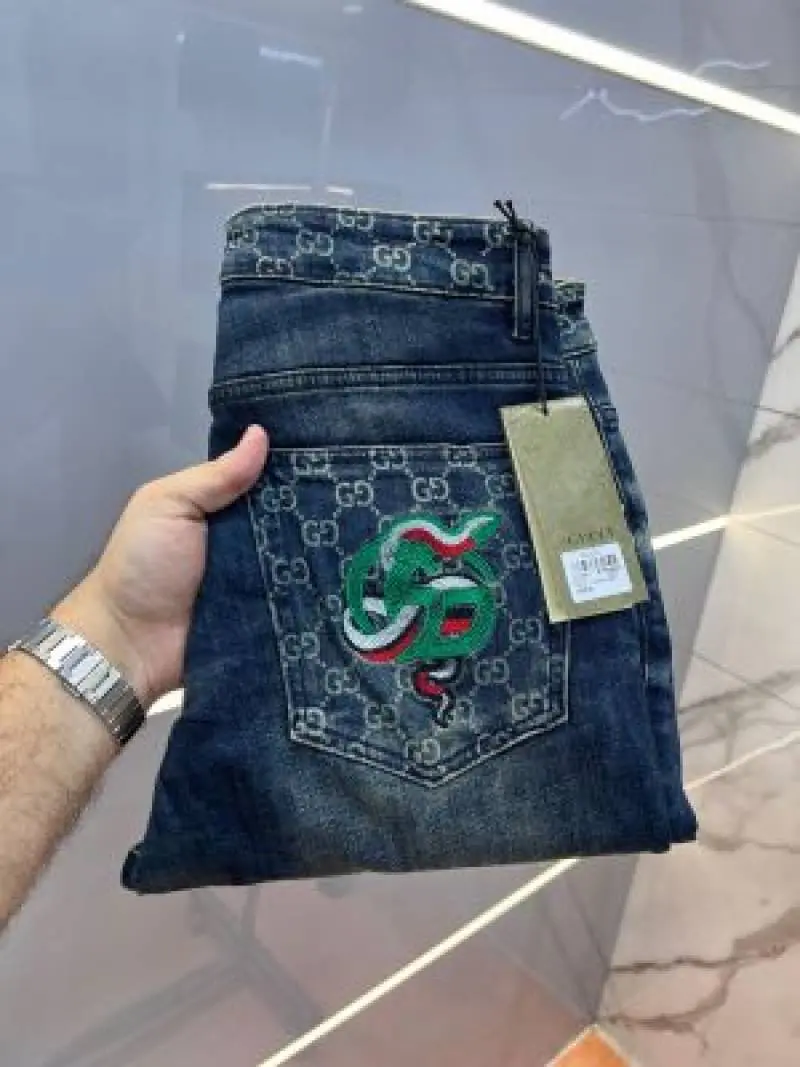Gucci Blue Shade Premium Imported Stretchable Lycra Fabric Straight Fit Denim with Embroidered Design Sale Offer 3489 - Image 3