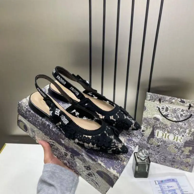 Dior JAdiyor Slingback Transparent Mesh Black Diyor Embroidery Flat With OG Box Dust Bag & Carry Bag - Image 11