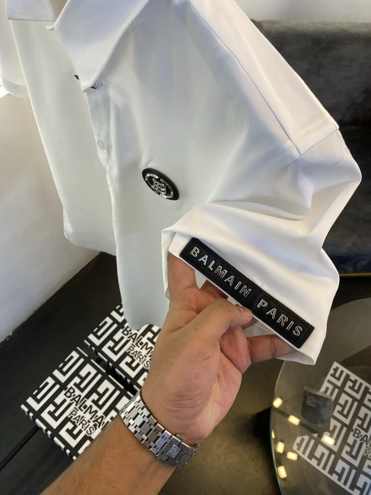 Balmain steel chest and sleeves logo half sleeves imported shirt white - Image 4