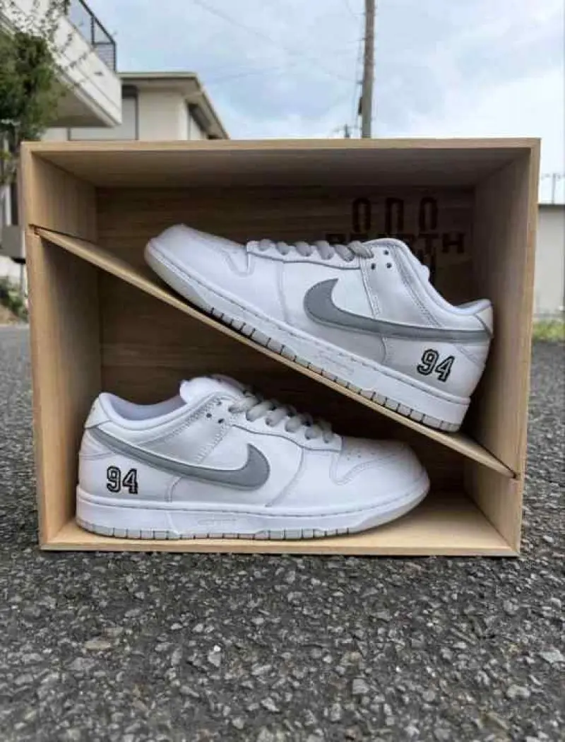Supremee x Nikke SB Dunk Low WhiteMetallic Silver - Image 2