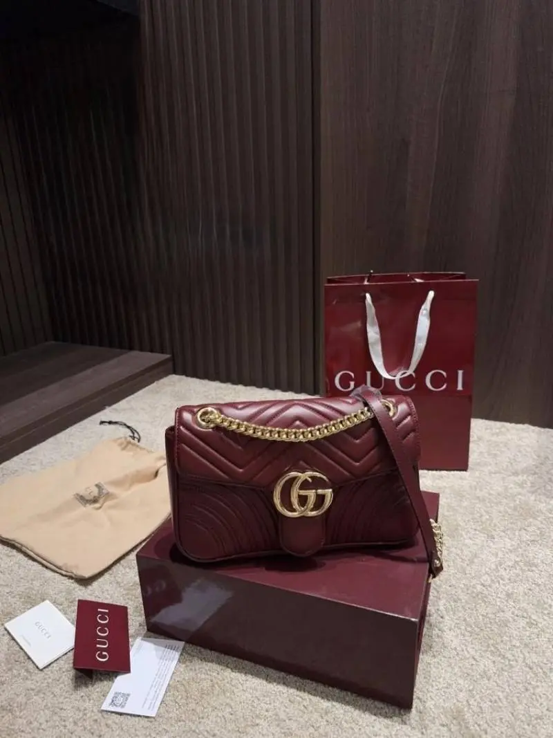Gucci GG Marmont Premium Shoulder Bag With OG Double Box & Premium Dust Bag & Carry Bag & Accessories (Wine - 1230) - Image 4