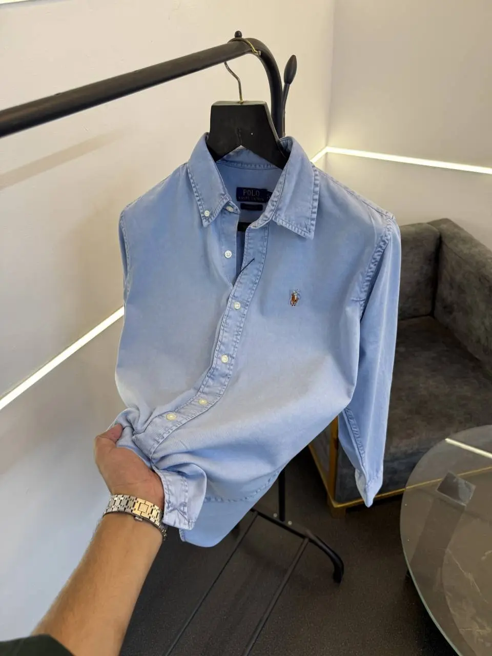 Ralph lauren sky blue denim imported shirt with embroidery logo on chest - Image 2