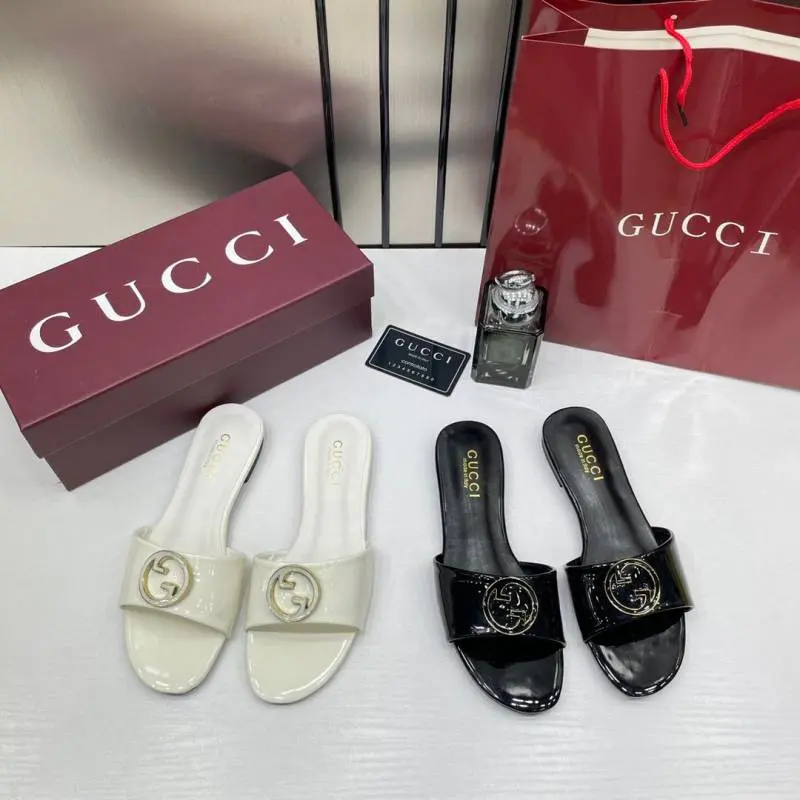 Gucci Round Interlocking G in Black Leather Shiny Classic Slides With OG Box & Carry Bag 1892 - Image 7