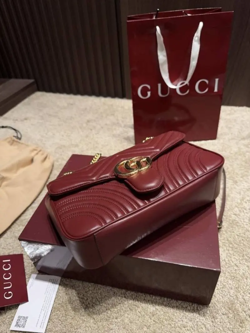 Gucci GG Marmont Premium Shoulder Bag With OG Double Box & Premium Dust Bag & Carry Bag & Accessories (Wine - 1230) - Image 2