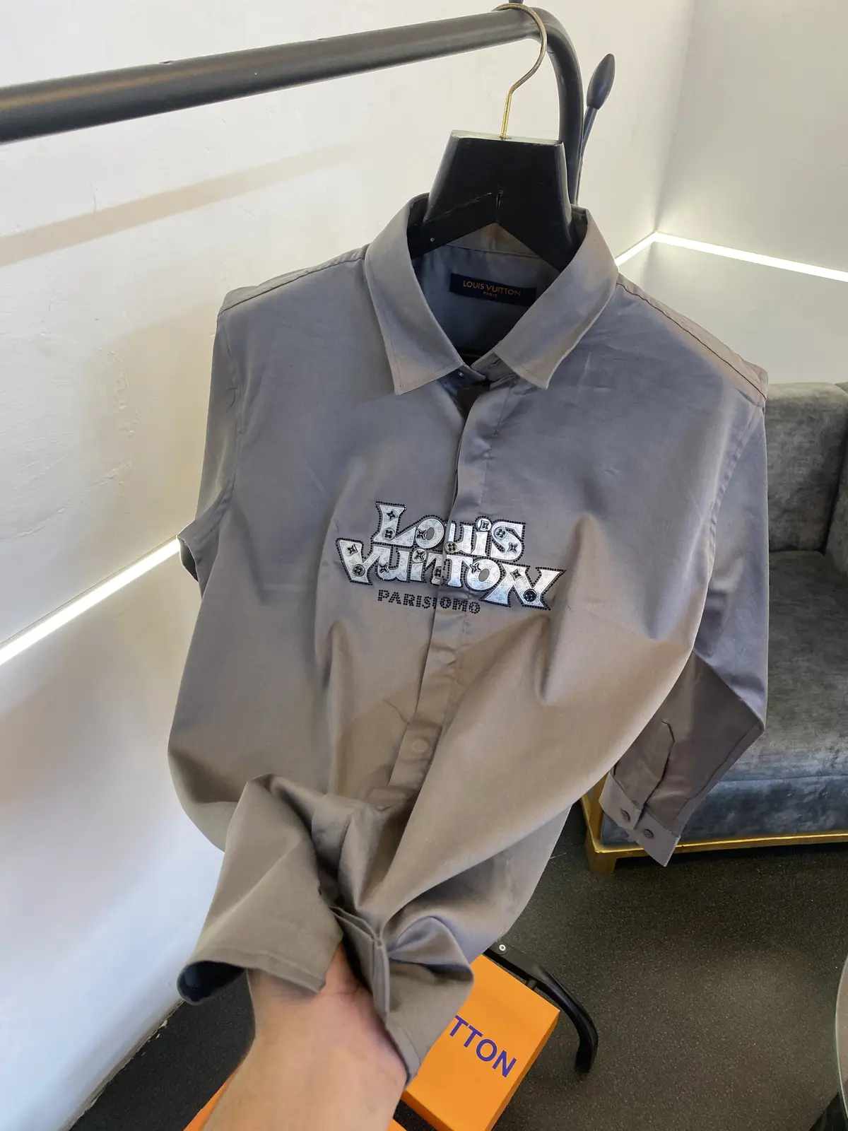 Lv stone metal logos and patch work imported box pack shirt grey sale - Image 2