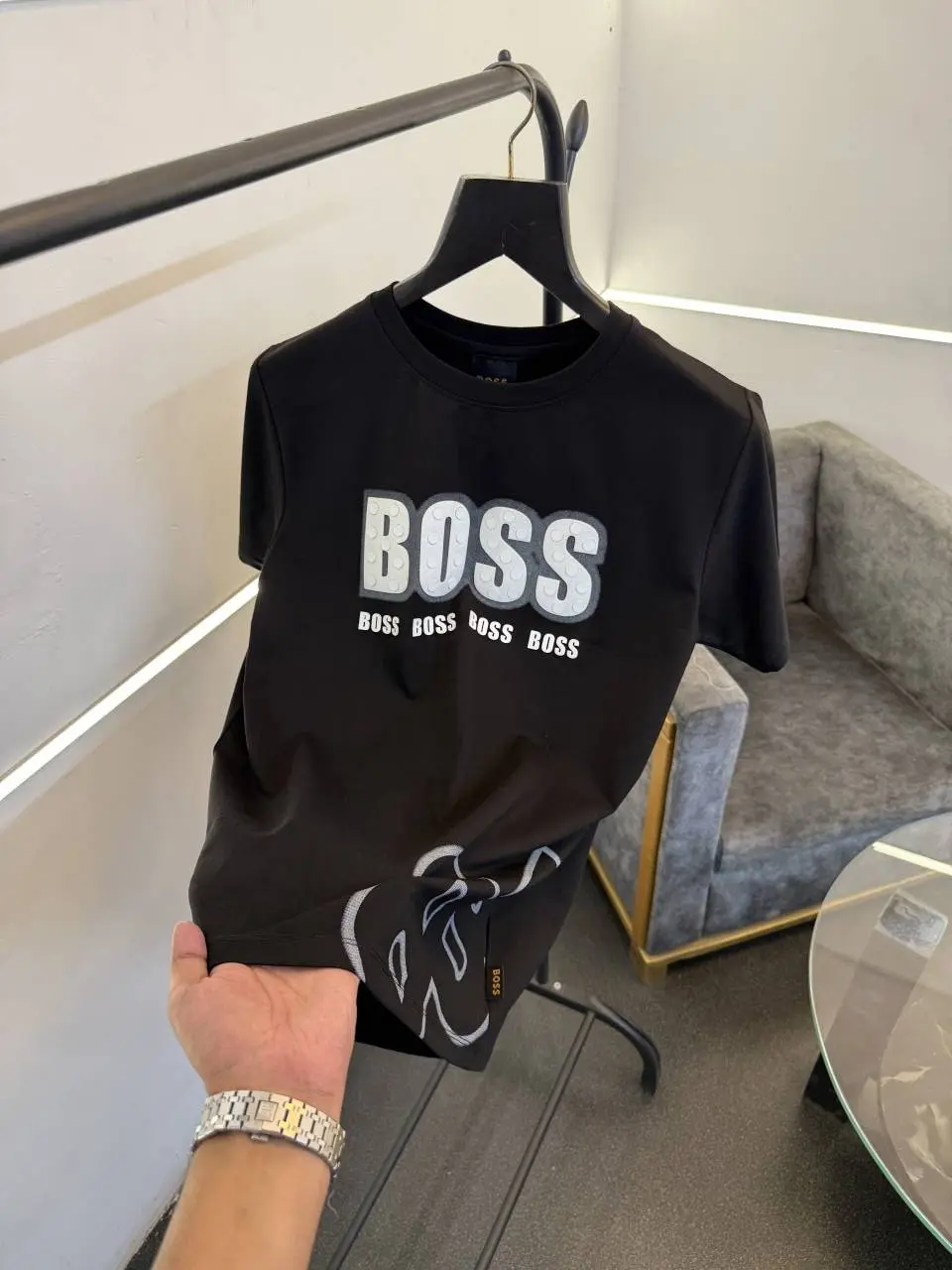 Hugo bos round neck tshirt with imported boss hd work bottom boss logo engraved print black - Image 2