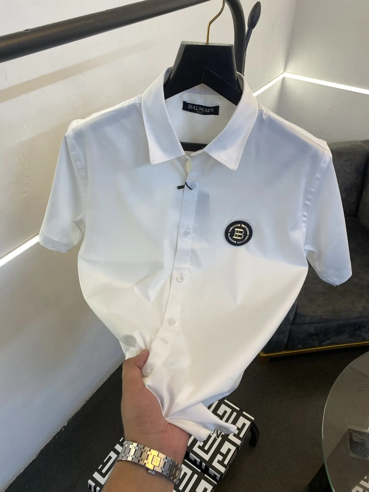 Balmain steel chest and sleeves logo half sleeves imported shirt white - Image 3