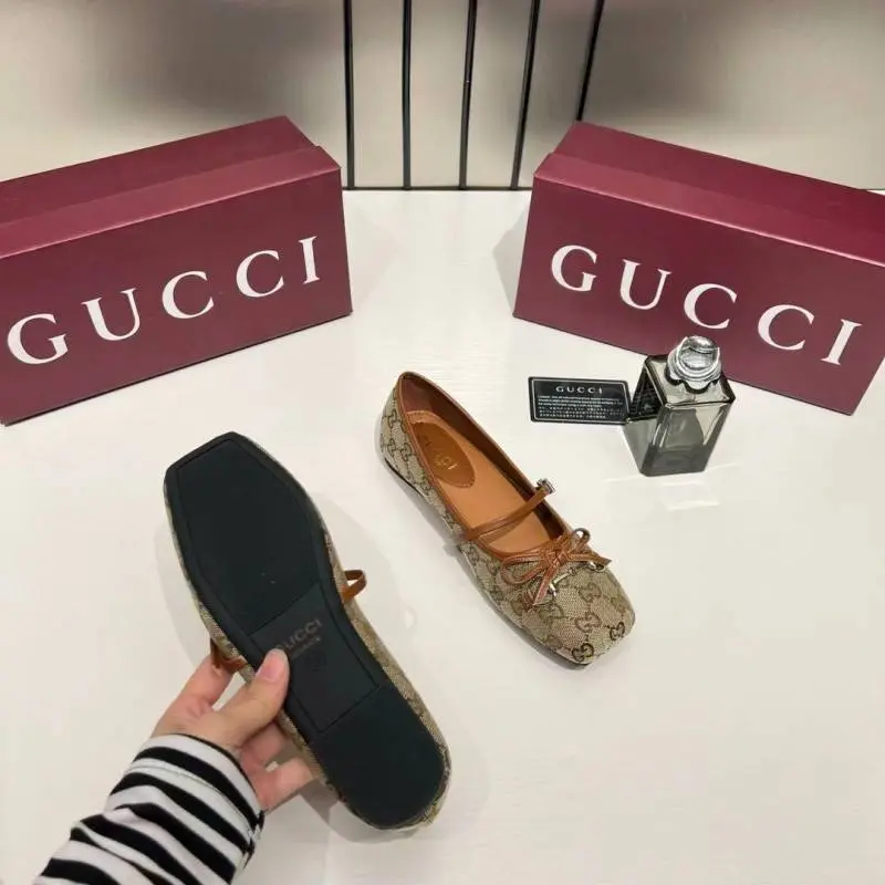 Gucci GG Canvas Strap Ballet Flats Signature Monogram Pattern Bow With OG Box & Carry Bag 8058-6 Apricot - Image 2