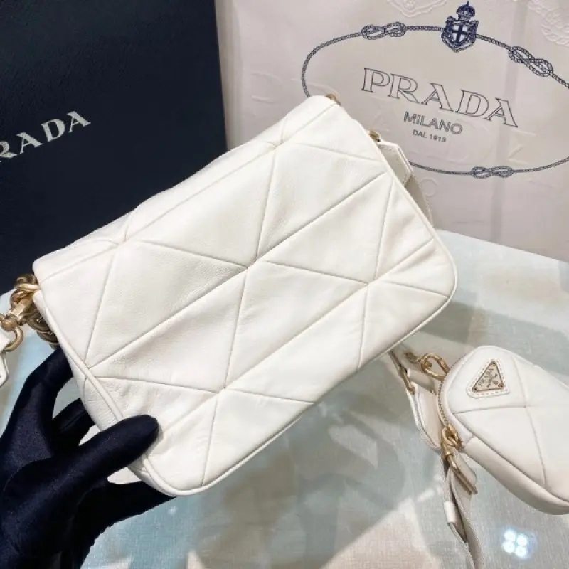Prada System Nappa Bag With Pradda Iconic Triangle Design Pochette Bag With OG Box & Dust Bag (White-272) - Image 4