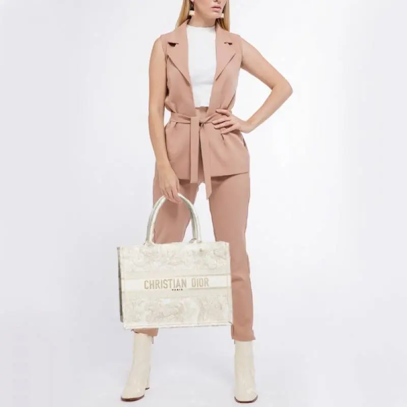 Dior Book Tote Cream Toile De Jouy With OG Box & Dust Bag & Scarf (Cream Tiger-842) - Image 2