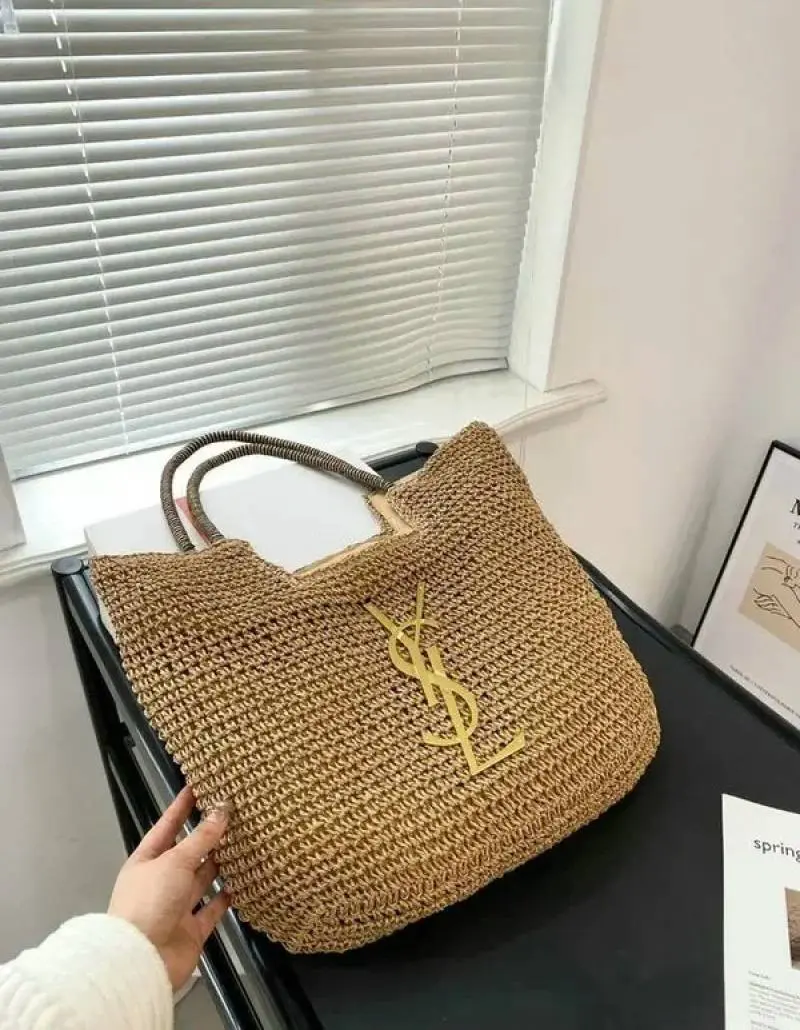 YSL Saint Laurent ICare Raffia Jute Tote Bag With OG Box & Dust Bag (Brown - 991) - Image 2