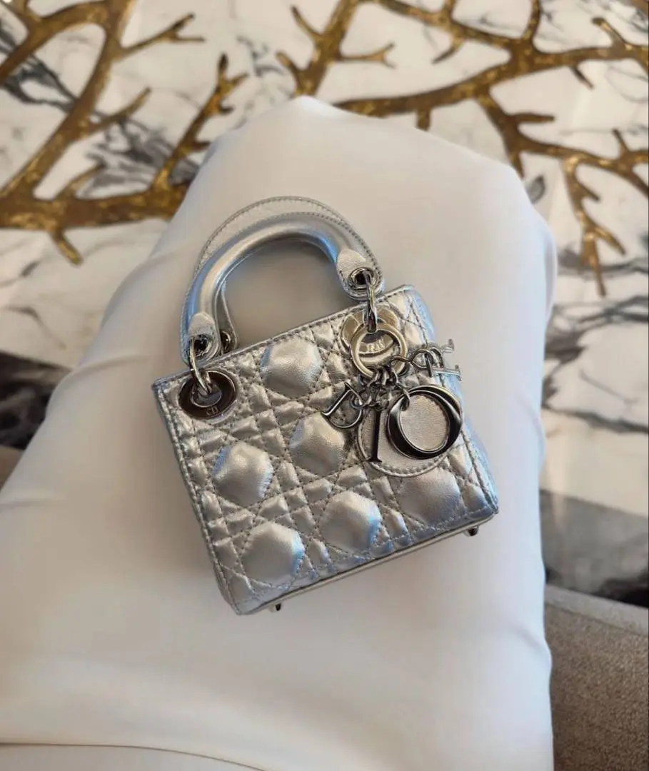Dior CB Lady Nano Silver Leather With Original Box DustCover CarryBag & Ribbon