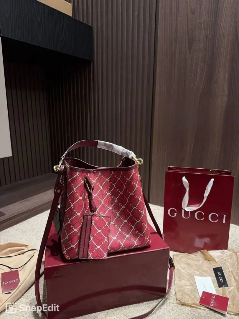 Gucci GG Emblem Premium Bucket Bag With OG Box & Dust Bag (Burgundy - 1250)