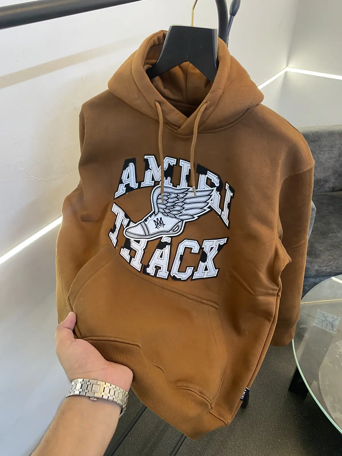 Amiri heavy gsm fleece fabric hoody sweatshirt with ameeri applique embroidery work with shaded spray work as original brown - Image 2
