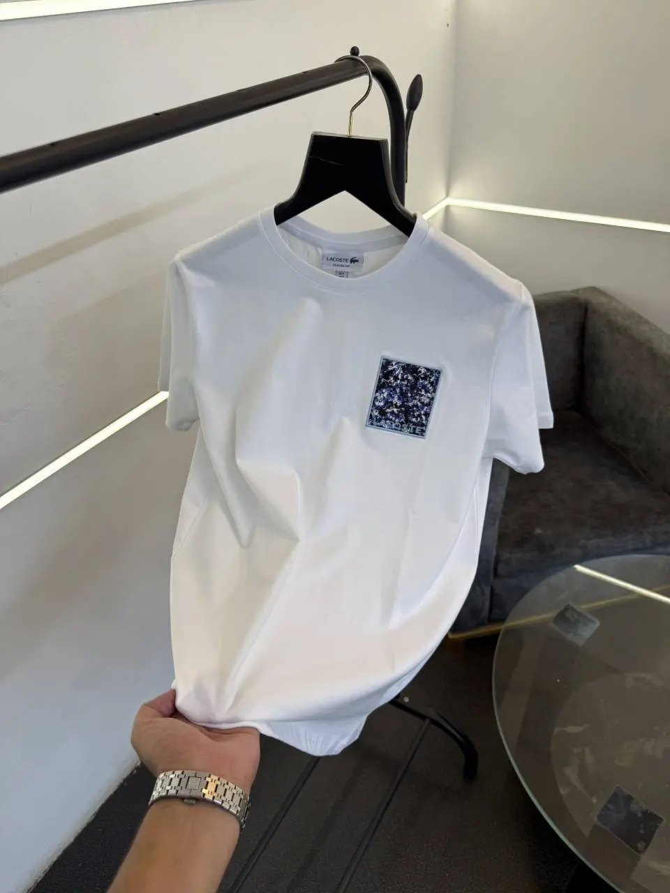 Lacoste premium imported round neck tshirt with front back print white sale - Image 2