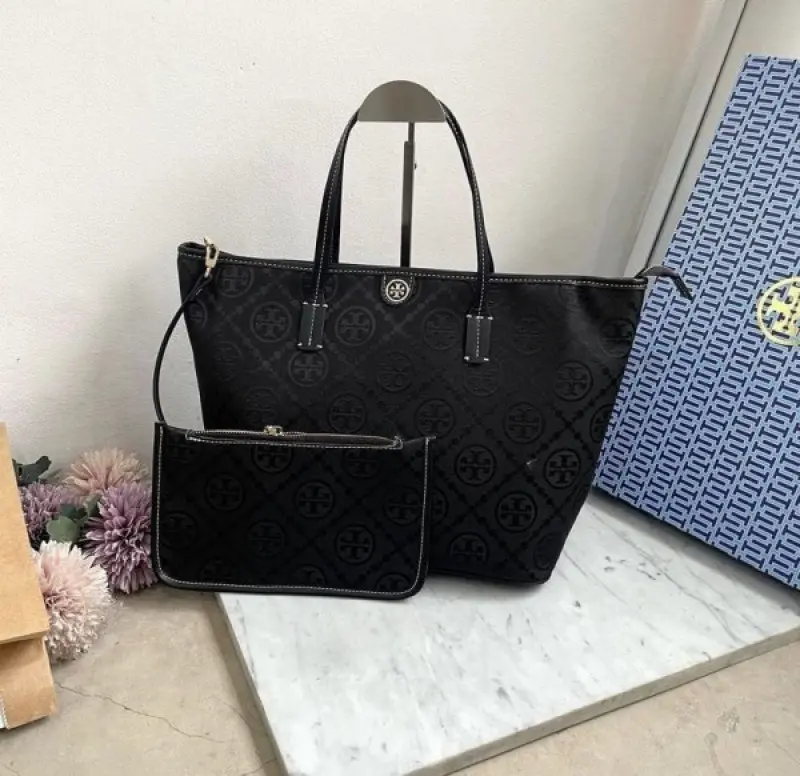 Tori Burch T Monogram Tote With OG Box & Dust Bag & Extra Pouch (Black - 635) - Image 4