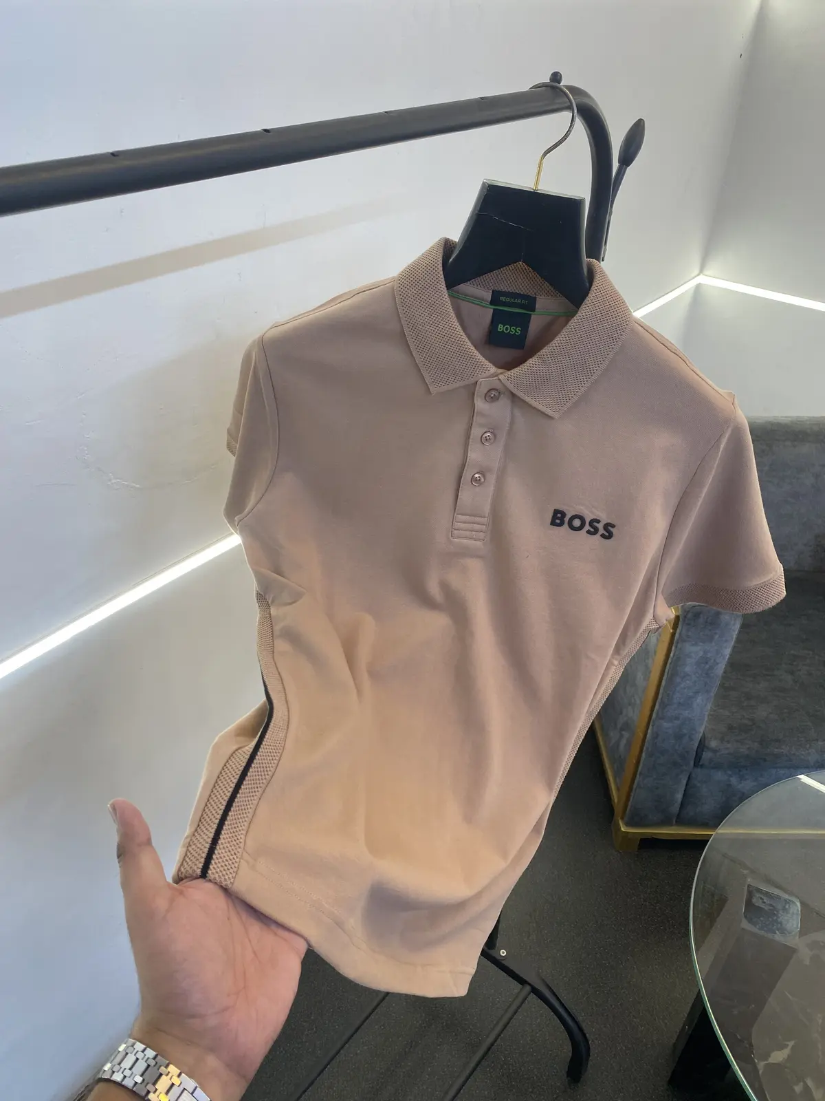Hugo bos turkey imported side knitted strip with knitted collar imported polo tshirt rosegold - Image 2