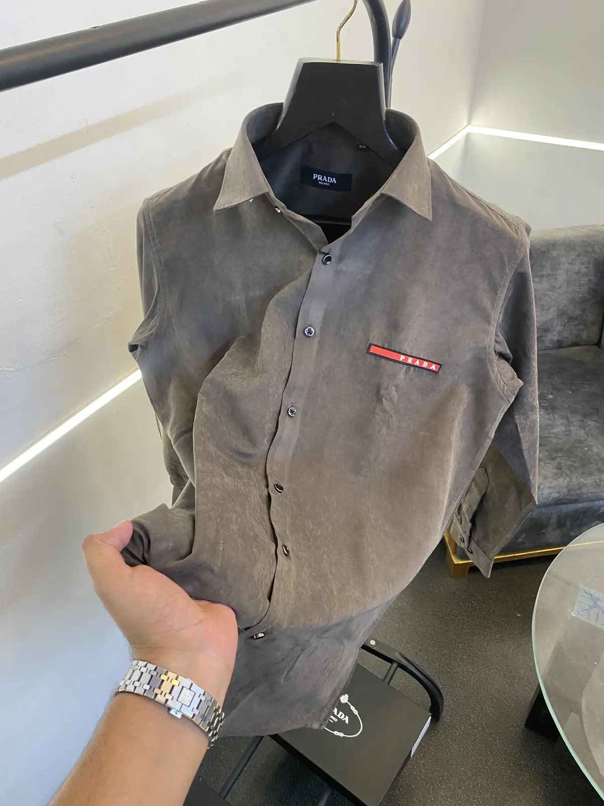 Prada style 03 cotton suede imported box pack shirt dark brown - Image 2