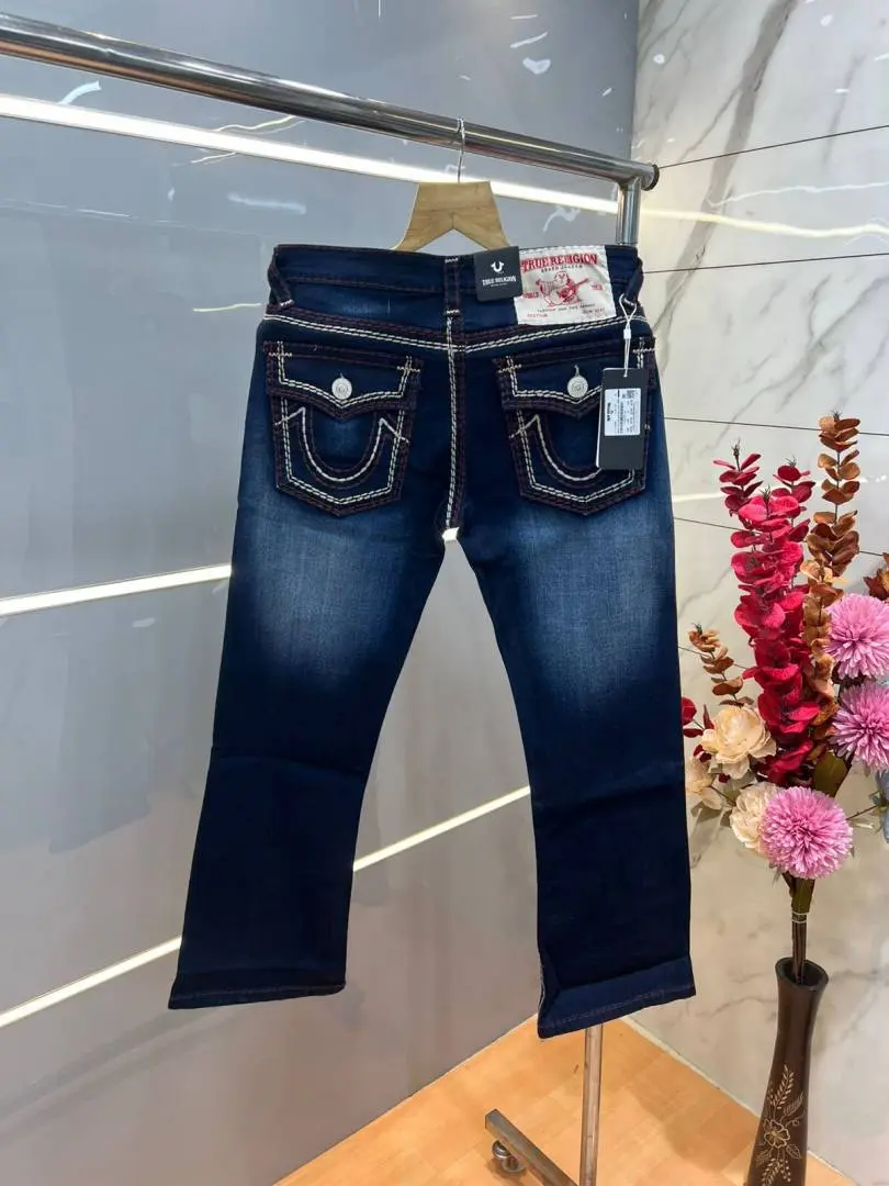 True Religion Blue shade Boot Cut Premium Imported Stretchable Lycra Fabric Denim with Back Pocket Embroidered Design 3956 - Image 3