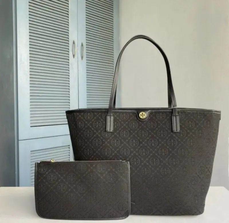 Tori Burch T Monogram Tote With OG Box & Dust Bag & Extra Pouch (Black - 635) - Image 2
