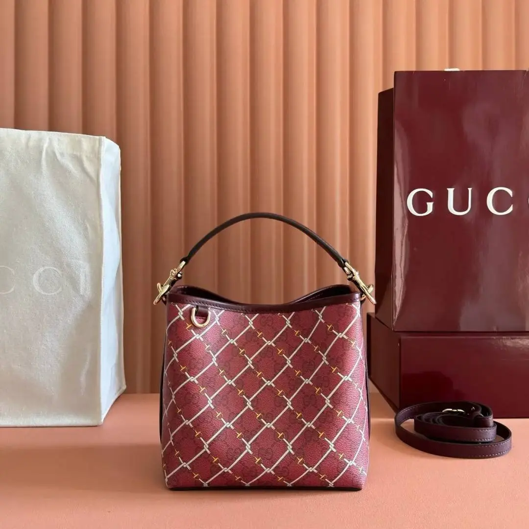 Gucci GG Emblem Premium Bucket Bag With OG Box & Dust Bag (Burgundy - 1250) - Image 7