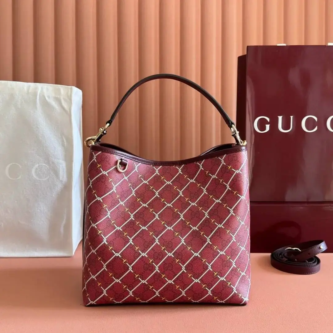Gucci GG Emblem Premium Bucket Bag With OG Box & Dust Bag (Burgundy - 1250) - Image 5