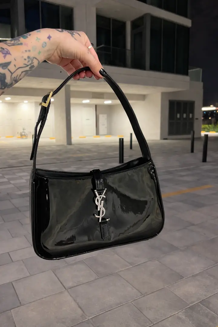 Ysl Hobo Patent Leather Black-Silver Top Zip Shoulder Bag With OriginalBox - Image 4