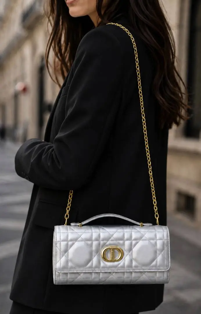 Dior Caro Top Handle 8822 Silver Clutch Bag With OriginalBox & DustCover