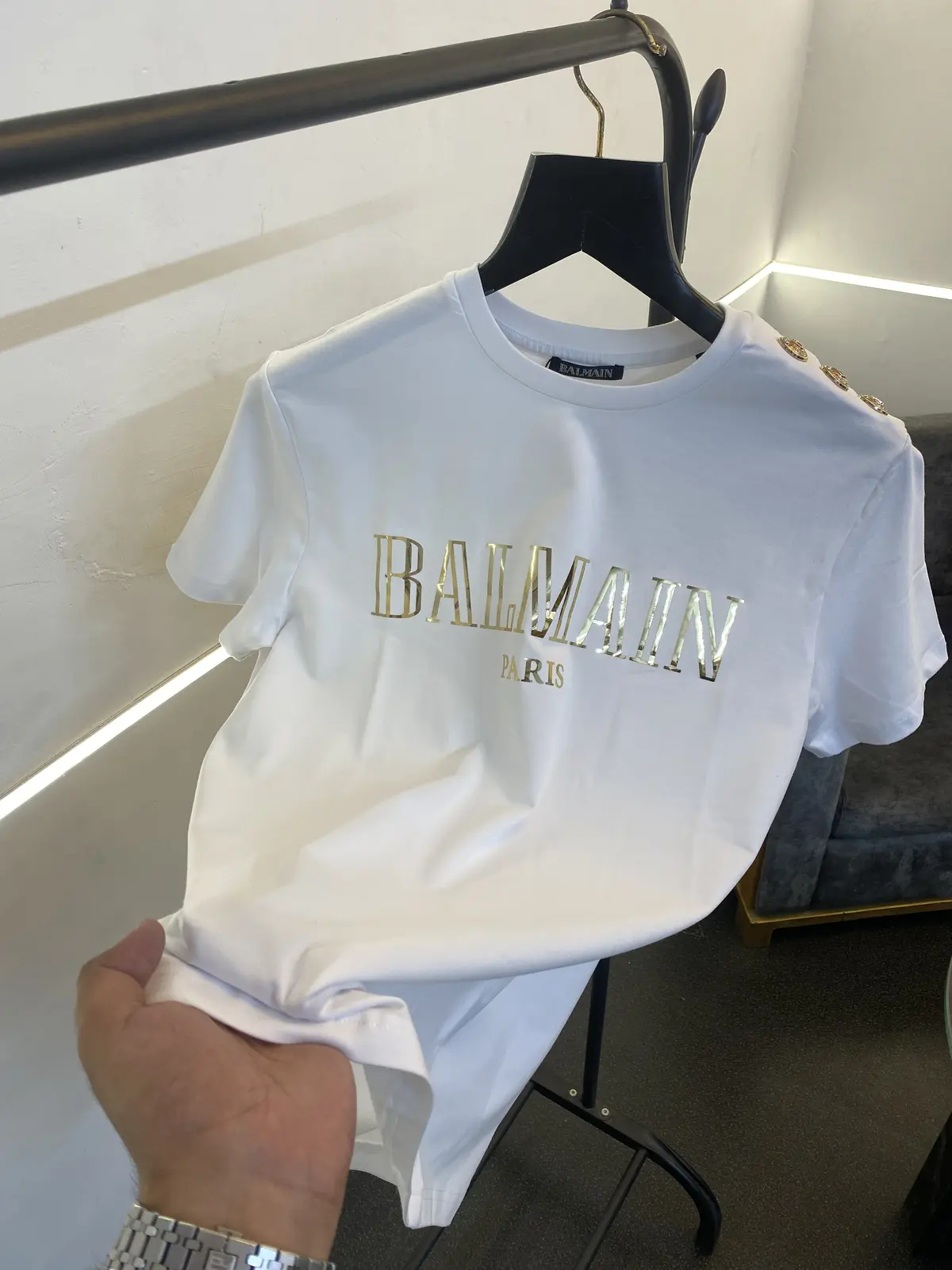 Balmain turkey imported round neck tshirt with shoulder button and logo print white gold - Image 2