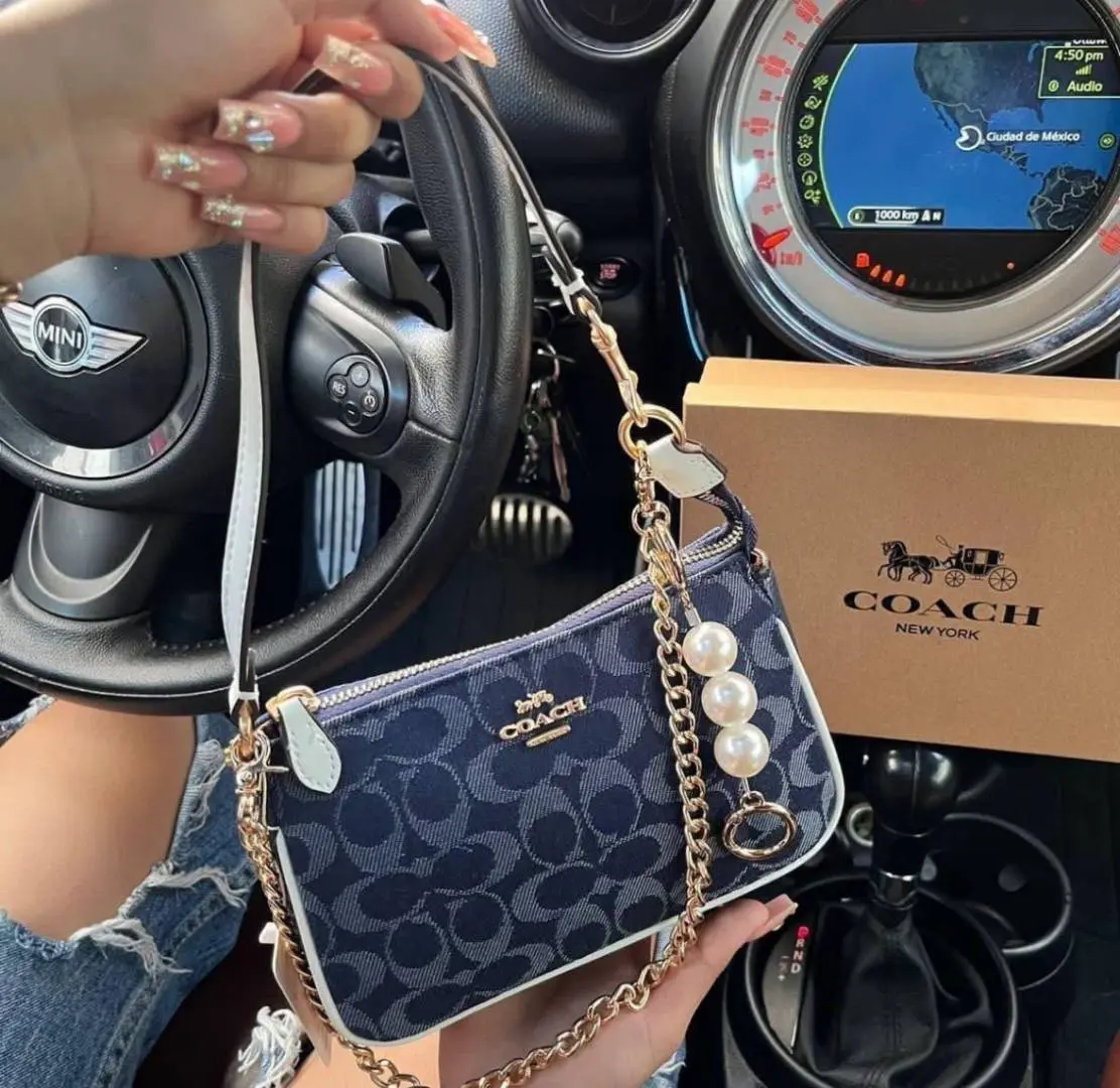 Coach Nolita 19 Denim-Wht With OriginalBox DustCover ChainBelt PearlCharm - Image 2
