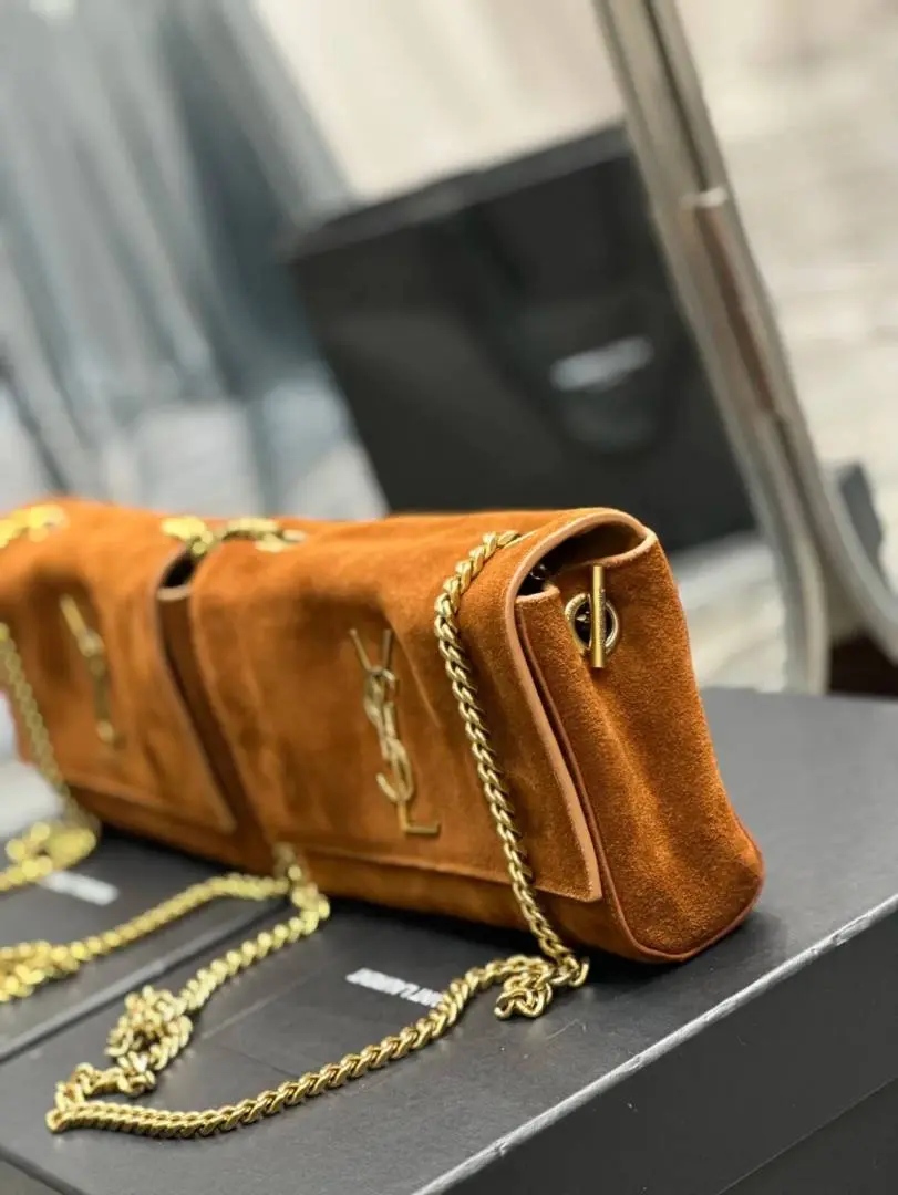 YSL Saint Laurent Kate Reversible Suede Shoulder Bag With OG Magnetic Box & Dust Bag (Tan - 1188) - Image 5