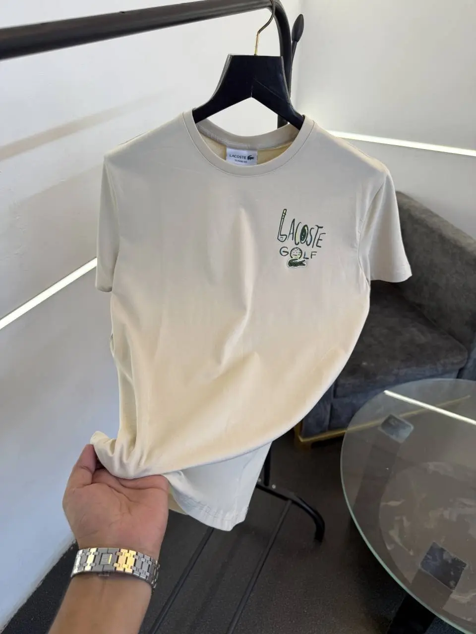Lacoste premium imported round neck tshirt with front back print beige - Image 2