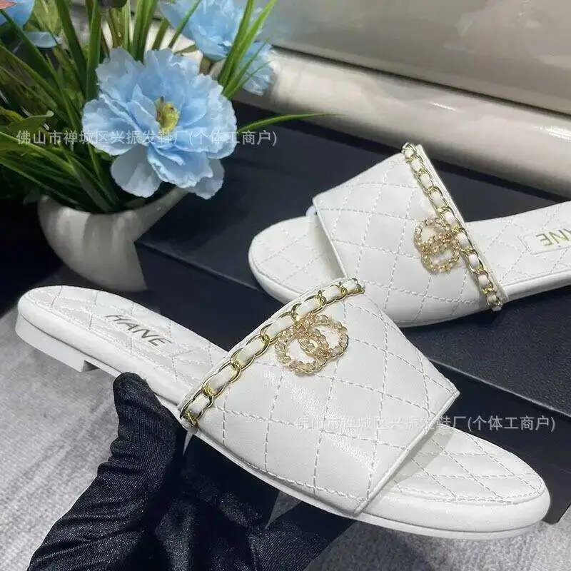 Chanel Chain Leather Slide With OG Box & Dust Bag (White - 1075) - Image 2