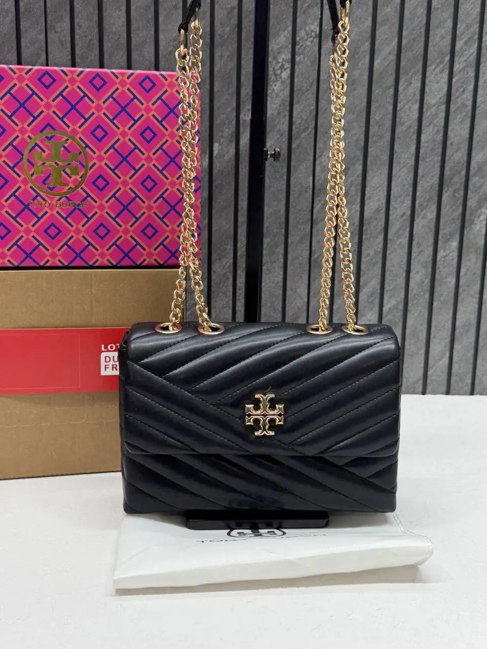 Tory Burcch Black-Gold Kira Small Convertible Quilted Shoulder Bag With Double Box OG Packing - Image 2