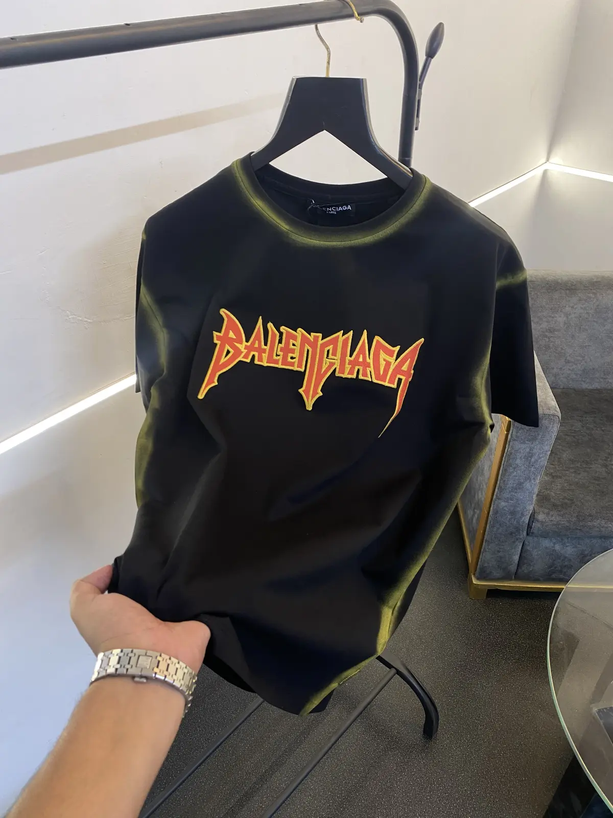 Balenciaga a over size spray print with embroidery logo imported tshirt black - Image 2