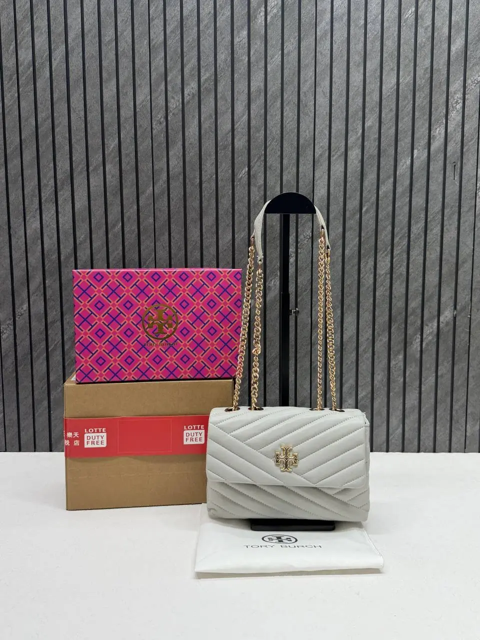 Tory Burcch Gray Kira Small Convertible Quilted Shoulder Bag With Double Box OG Packing