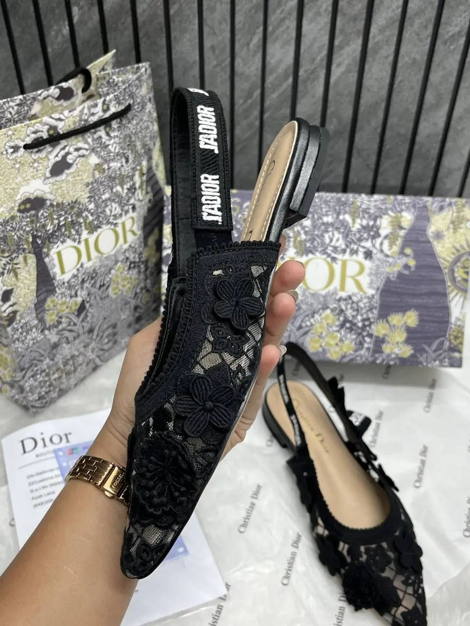 Dior JAdiyor Slingback Transparent Mesh Black Diyor Embroidery Flat With OG Box Dust Bag & Carry Bag - Image 4