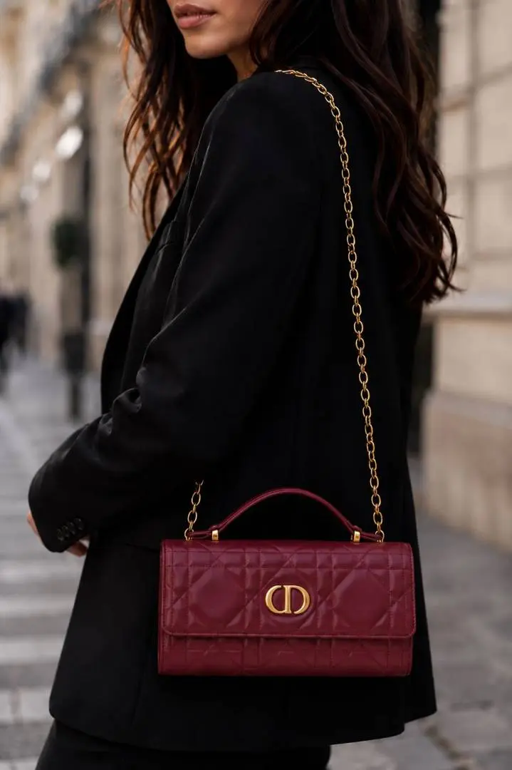 Dior Caro Top Handle 8822 Maroon Clutch Bag With OriginalBox & DustCover - Image 2