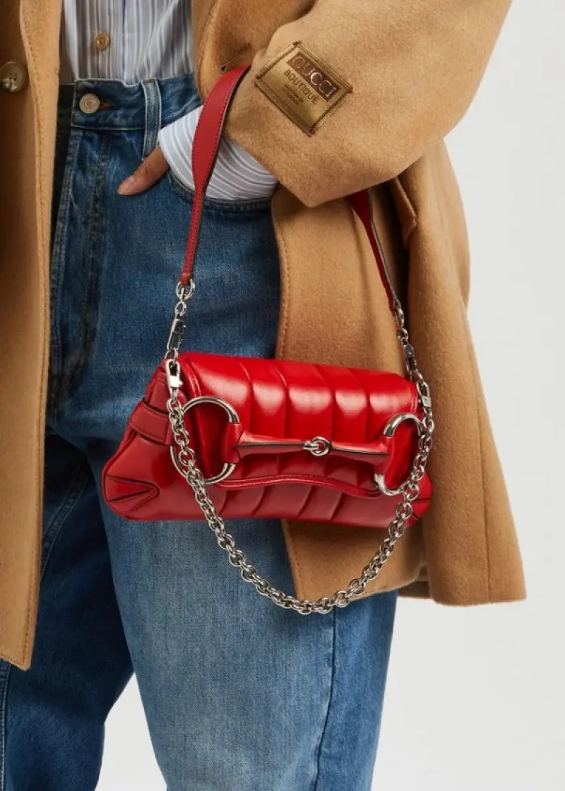 Gucci GG Horsebit Chain Shoulder Bag With OG Box & Dust Bag & 2 Belts & 1 Chain (Red-725) - Image 2