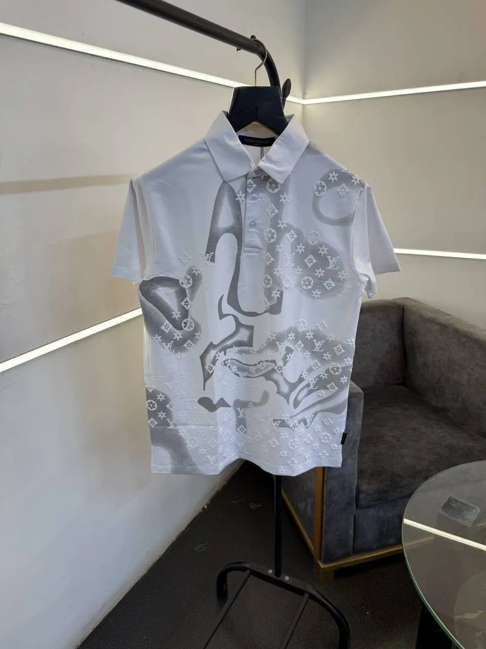 Louis Vuitton embossed and laser print imported polo tshirt white