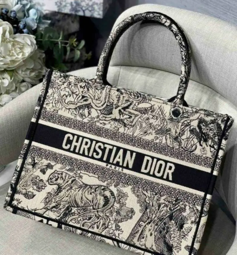 Dior Book Tote Black Toile De Jouy With OG Box & Dust Bag & Scarf (Black Tiger - 573) - Image 6