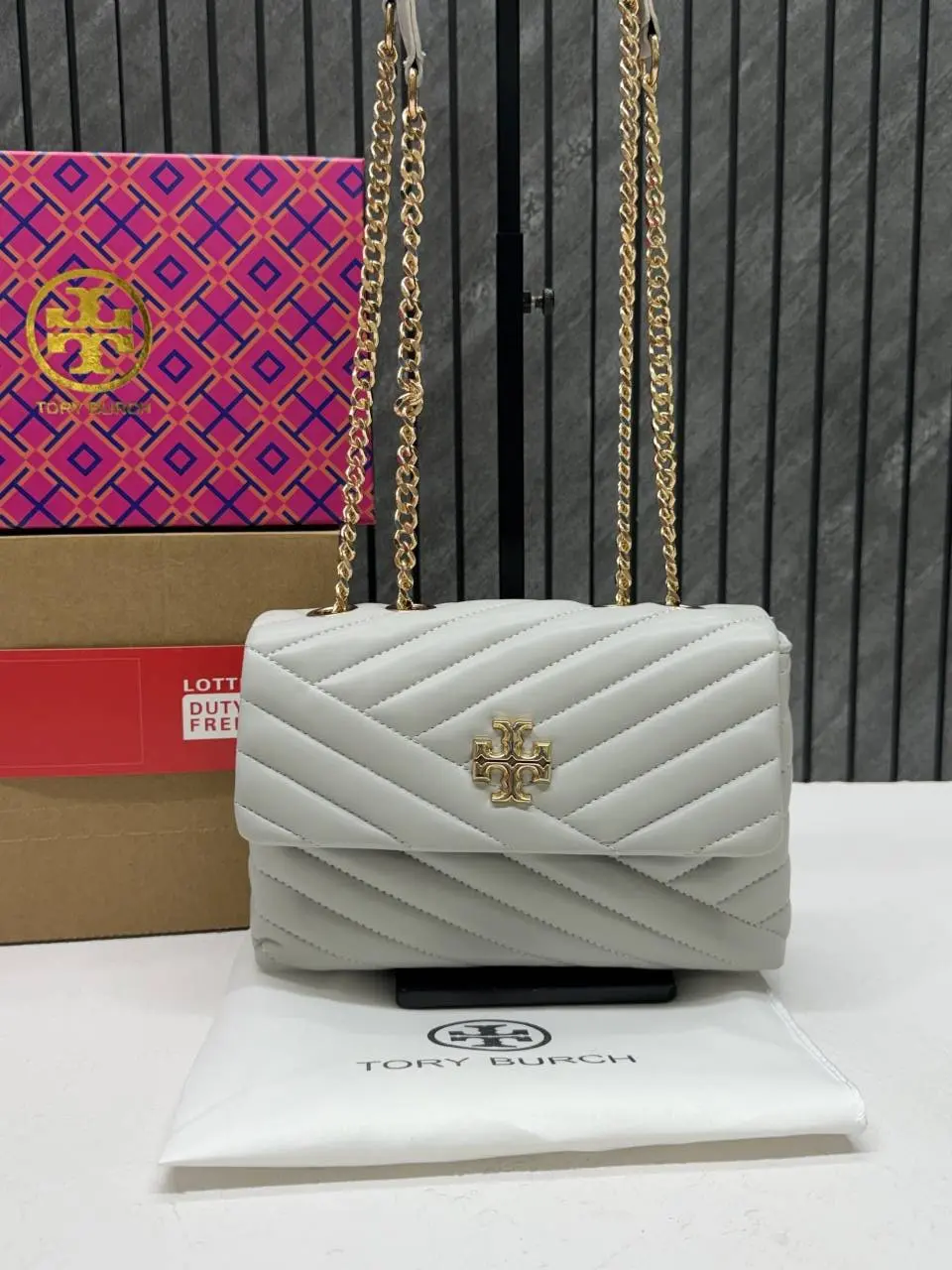 Tory Burcch Gray Kira Small Convertible Quilted Shoulder Bag With Double Box OG Packing - Image 2