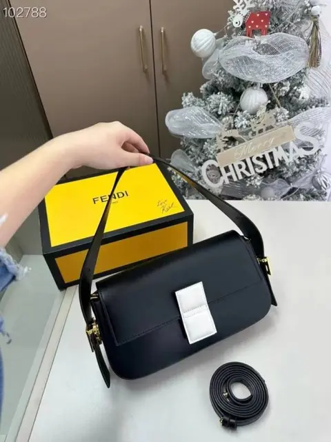 Fendy927 Baguette Twist Premium Shoulder Crossbody Bag With OG Box & Dust Bag & 2 Belts (Black - 927)