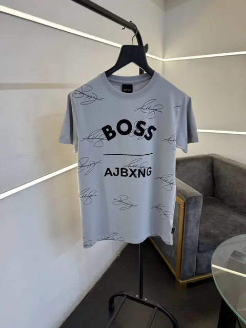 Hugo bos signature allover print imported round neck tshirt grey sale