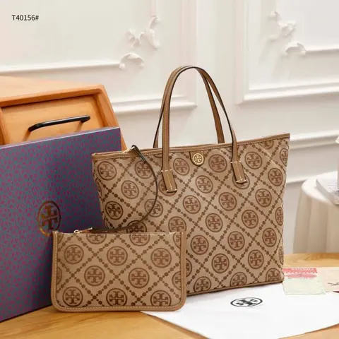 Tori Burch T Monogram Tote With OG Box & Dust Bag & Extra Pouch (Brown - 634)