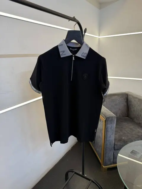 Balmain 3d collar and sleevs imported polo tshirt with steel logo black