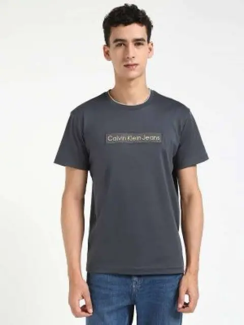 SALE Calvin Kline Middle Brand Print Round Neck T-shirt Stone Black