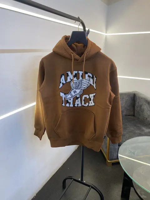 Amiri heavy gsm fleece fabric hoody sweatshirt with ameeri applique embroidery work with shaded spray work as original brown