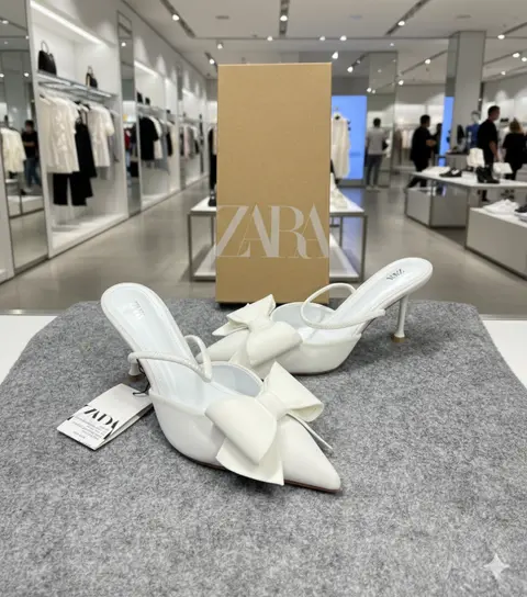 Zarra Women White PU Bow-Detail High-Heeled Mules With OG Box White 6528-5
