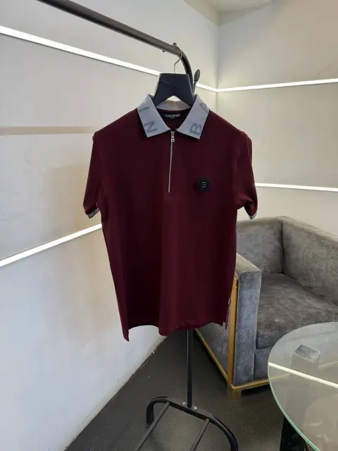 Balmain 3d collar and sleevs imported polo tshirt with steel logo maroon sale
